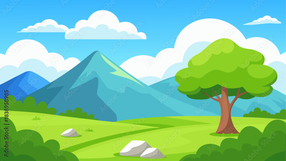 Fototapeta premium Cartoon landscape with mountains and tree