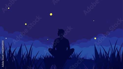 Silhouette meditating under starry sky