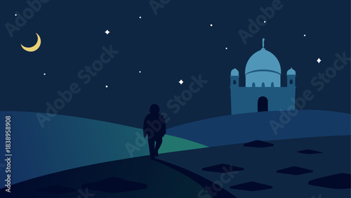 Person walking toward mosque at night