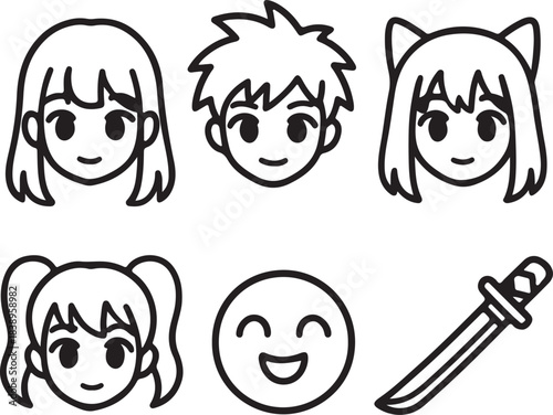 Cute anime style faces and katana sword illustration
