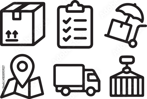 Set of six cosmetic product outline icons on a white background