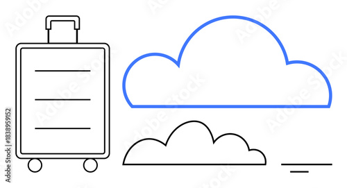 Travel concept. Travel by a suitcase and clouds seamless cloud services. Travel benefits from cloud-based innovations, enhancing convenience and connectivity. Use for travel tech, vacations, cloud