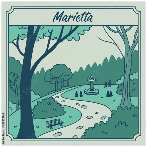 Marietta Scenic Park Path and Fountain – Minimal Green Retro Illustration