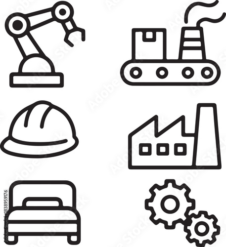 Industrial icons set featuring robot arm factory conveyor belt and gears