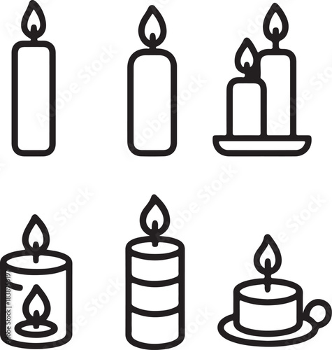 Set of six simple line art candle icons with flames