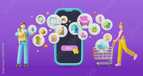People using marketplace app service 3D cartoon vector, mobile online shopping app on smartphone screen goods purchasing