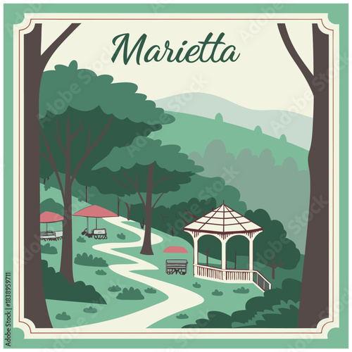 Marietta Park Gazebo with Green Landscape – Retro Georgia Nature Illustration