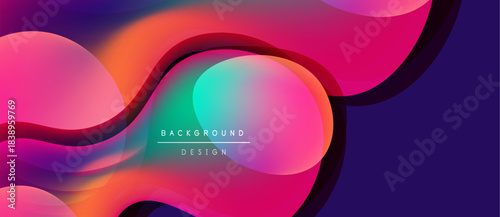 Abstract fluid shapes blend vibrant colors. Dynamic composition creates modern background design. Smooth gradients offer visual interest.