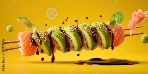 Salmon Avocado Sushi Roll, isolated on transparent background japanese food, rice, salmon, cookery, seaweed, avocado, sushi