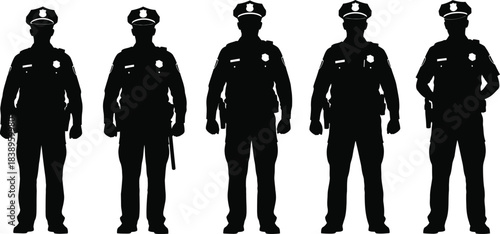 Silhouette of five police officers standing in a row