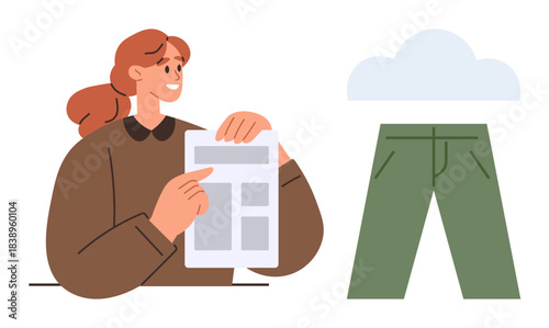 Woman holding a sheet with design layout, pointing to details. Green pants with cloud element nearby. Ideal for fashion design, creativity, brainstorming, layout analysis, graphic design, style
