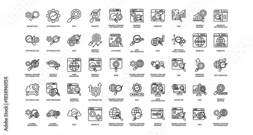 Research optimization icon set collection. Containing intelligent, statistics, www, searching, profit, seo, communicate .Line vector icons collection