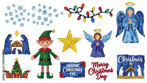 Christmas Design Element Vector Illustration Set Isolated On A Plain Background.