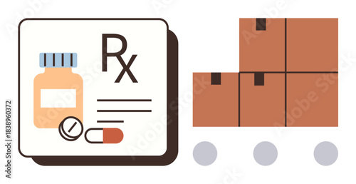 Prescription bottle, tablets, and capsules beside stacked shipping boxes on wheels. Ideal for healthcare, logistics, pharmacy supply chain, medication storage, delivery systems, pharmaceutical