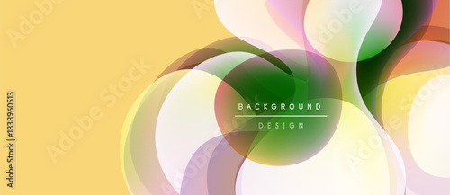 Abstract fluid shapes overlap, creating vibrant color gradients. Soft yellow background complements design elements. Modern, dynamic composition.