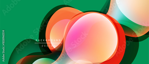 Abstract vibrant design features overlapping colorful circles. Green background complements orange, pink, white elements. Modern aesthetic.