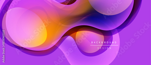 Abstract fluid shapes blend vibrant purple, orange, blue hues. Modern design suggests movement, energy, dynamic composition. Background features text elements.