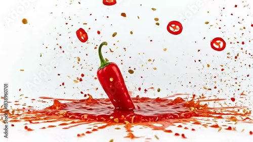A vibrant red chili pepper dramatically splashes into a rich, deep red liquid, creating an energetic crown of droplets and a dynamic ripple effect. Slices of chili and small particles are suspended in