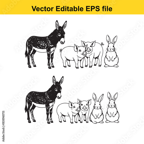 farm animals donkey, pigs, and rabbits in two rows, vector editable eps file