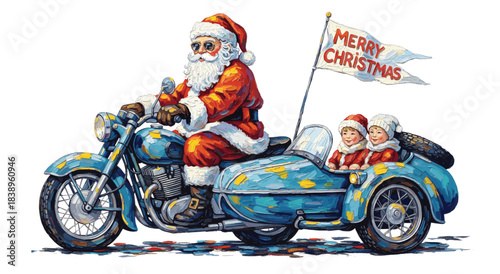 Vintage Santa riding motorcycle with sidecar and children, Merry Christmas illustration