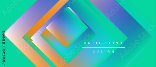 Abstract geometric design. Overlapping squares create vibrant gradients. Turquoise, purple, orange hues dominate composition. Text reads background design.