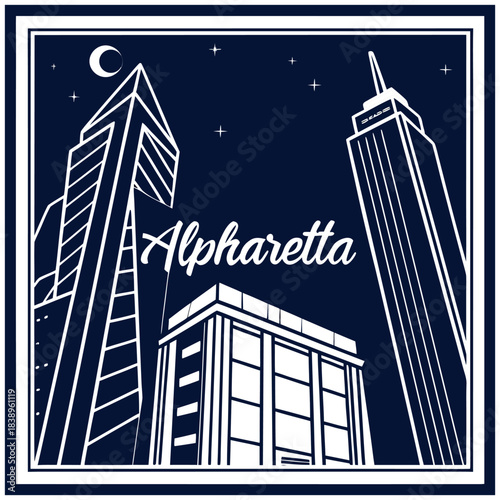 Alpharetta City Towers at Night – Modern Georgia Skyline Illustration