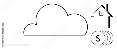 Cloud technology, real estate trends, financial planning, online storage, data management, and investment solutions. A minimalist design a cloud, house and coins. Cloud technology and real estate