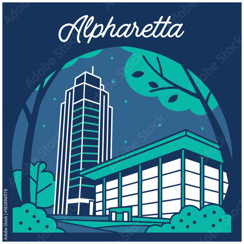 Alpharetta Night Skyline – Retro Georgia Cityscape Illustration