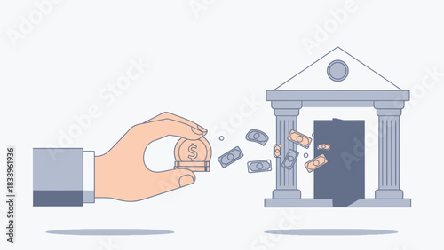 Investment Concept Hand Depositing Coin into Bank with Money Flying Out