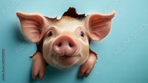 A cheerful pig peeks through a torn blue wall, ears perked and snout smiling playful, cute, and bursting with charm. Pure joy in porcine form.