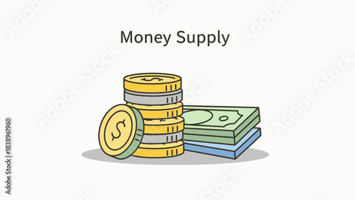 Money Supply Illustration Stack of Coins and Currency for Financial Concepts