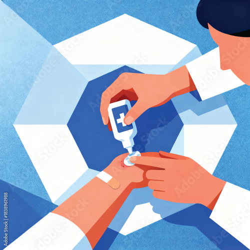 Illustration Of Someone Cleaning A Small Wound Using Antiseptic, Hygienic Atmosphere Vector Design Template