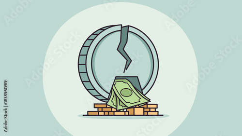 Broken Coin and Paper Money Falling into Savings, Finance and Investment Vector Icon