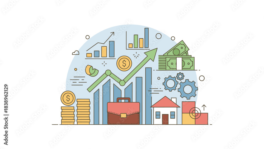 Fototapeta premium Illustration of Business Growth with Rising Charts, Money, and Investment Icons