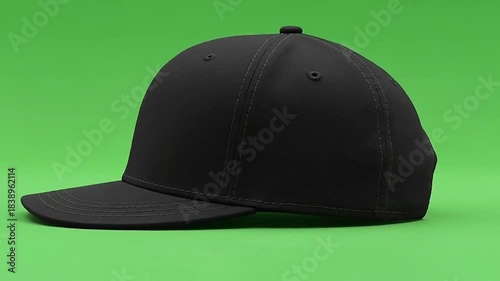 Plain Black Baseball Cap on a Green Background.