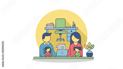 Family Togetherness A Warm Office Scene with Parents and Children in a Cozy Workplace