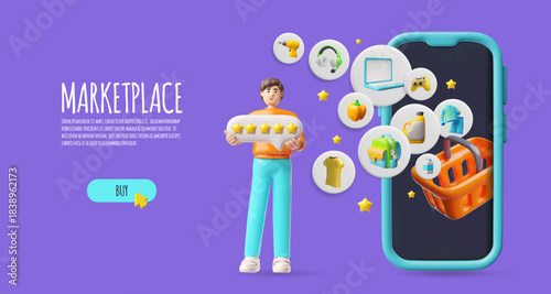 Man satisfied marketplace service, speech bubble five stars rate, 3D vector smartphone online shopping, goods purchasing