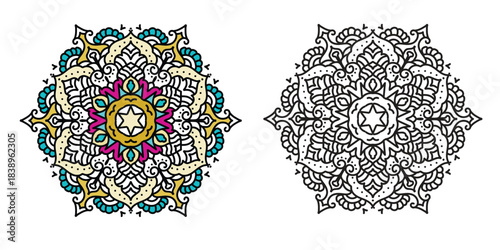 Set of 2 traditional mandala art with oriental geometric symmetrical patterns  