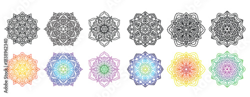 Set of 12 traditional mandala art with oriental geometric symmetrical patterns  