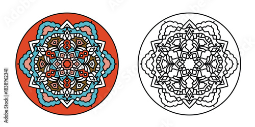 Set of 2 traditional mandala art with oriental geometric symmetrical patterns  