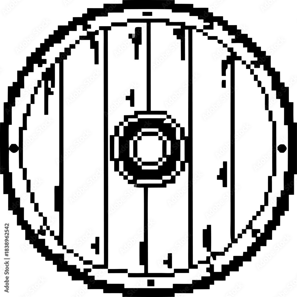 Obraz premium Pixel art wooden round shield icon with planks and central boss, retro black and white medieval defense emblem