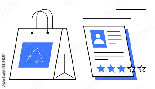 Shopping bag with recycling symbol and profile sheet featuring star ratings. Ideal for sustainability, e-commerce, user feedback, product reviews, customer engagement, branding, ethical consumerism