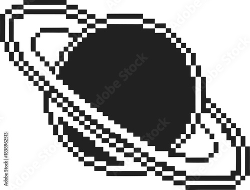 pixel art saturn planet icon with rings retro 8 bit black and white space symbol, minimalist astronomy design on transparent background