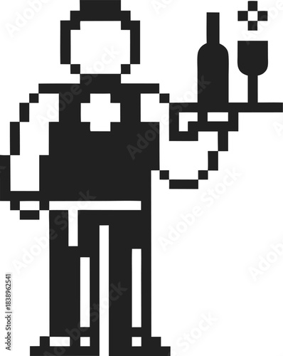 Pixel waiter holding tray with wine bottle and glass, retro 8 bit server icon for hospitality, restaurant or bar menu design