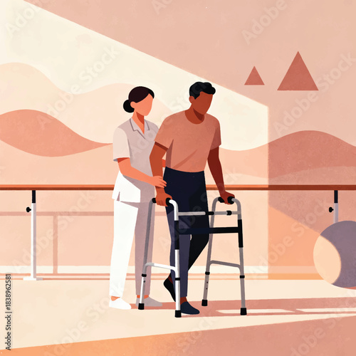 Illustration Of Therapist Helping Patient Walk With Assistive Device, Recovery Atmosphere Vector Design Template