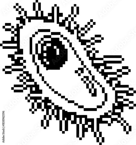 Pixel art microbe icon with spiky membrane and large nucleus, retro 8 bit germ illustration on transparent background