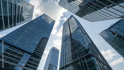 Wallpaper Mural Dynamic low-angle perspective of towering modern skyscrapers with sleek glass and steel facades, reflecting the brilliant blue sky and scattered white clouds. The impressive architectural design empha Torontodigital.ca