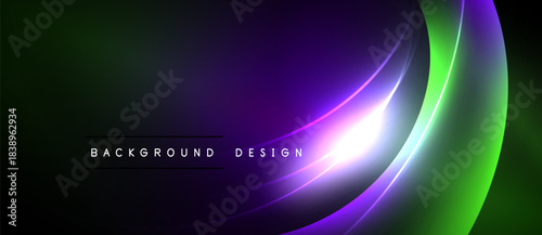 Abstract background features vibrant curves, gradients. Purple, green hues dominate dark space. Modern design element.