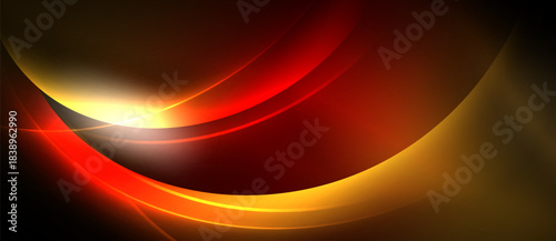 Abstract design features curved lines, warm colors, bright light source. Red, orange, yellow hues create dynamic visual effect.