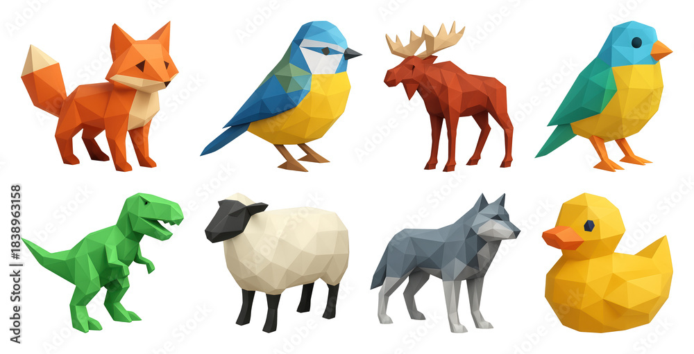 Obraz premium PNG Colorful geometric animal models, element set on transparent background